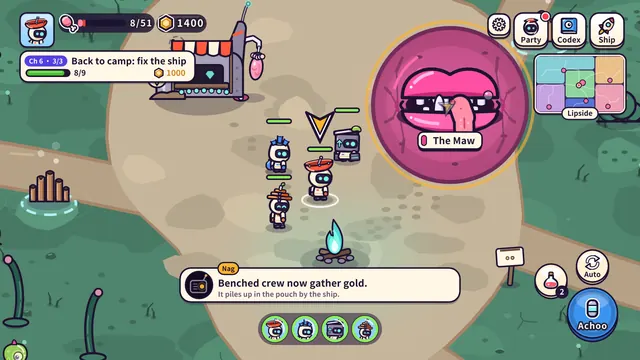 Camp with the shop, a campfire, four crew members and the big pink mouth