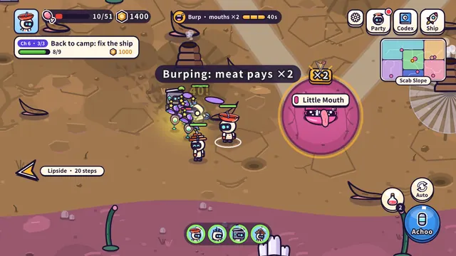 A small mouth on Scab Slope during a burp event, banner reading meat pays double