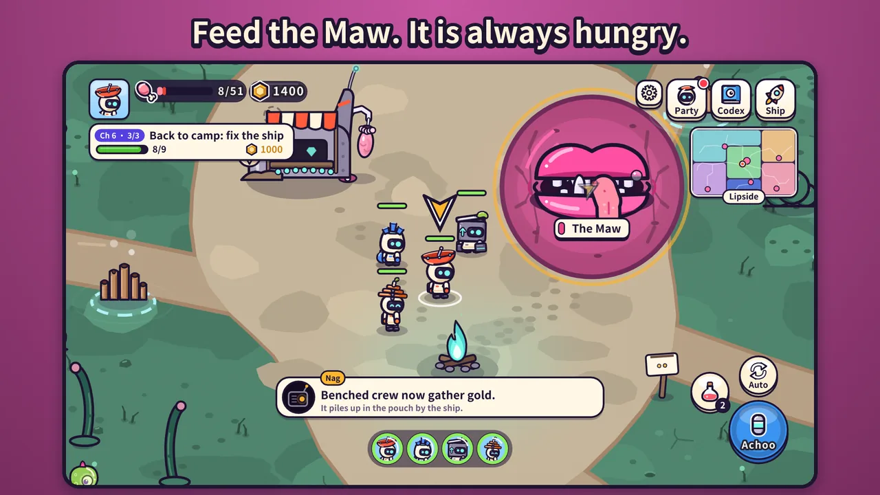 Gulp's camp: the shop, four tiny astronauts and the big pink mouth called The Maw