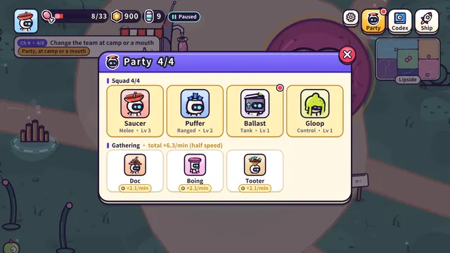 Party panel: a squad of four — Saucer, Puffer, Ballast, Gloop — and three benched crew gathering gold