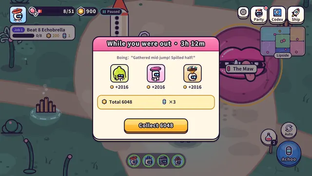 Offline rewards panel: while you were out for 3 h 12 m, three crew gathered 6048 gold