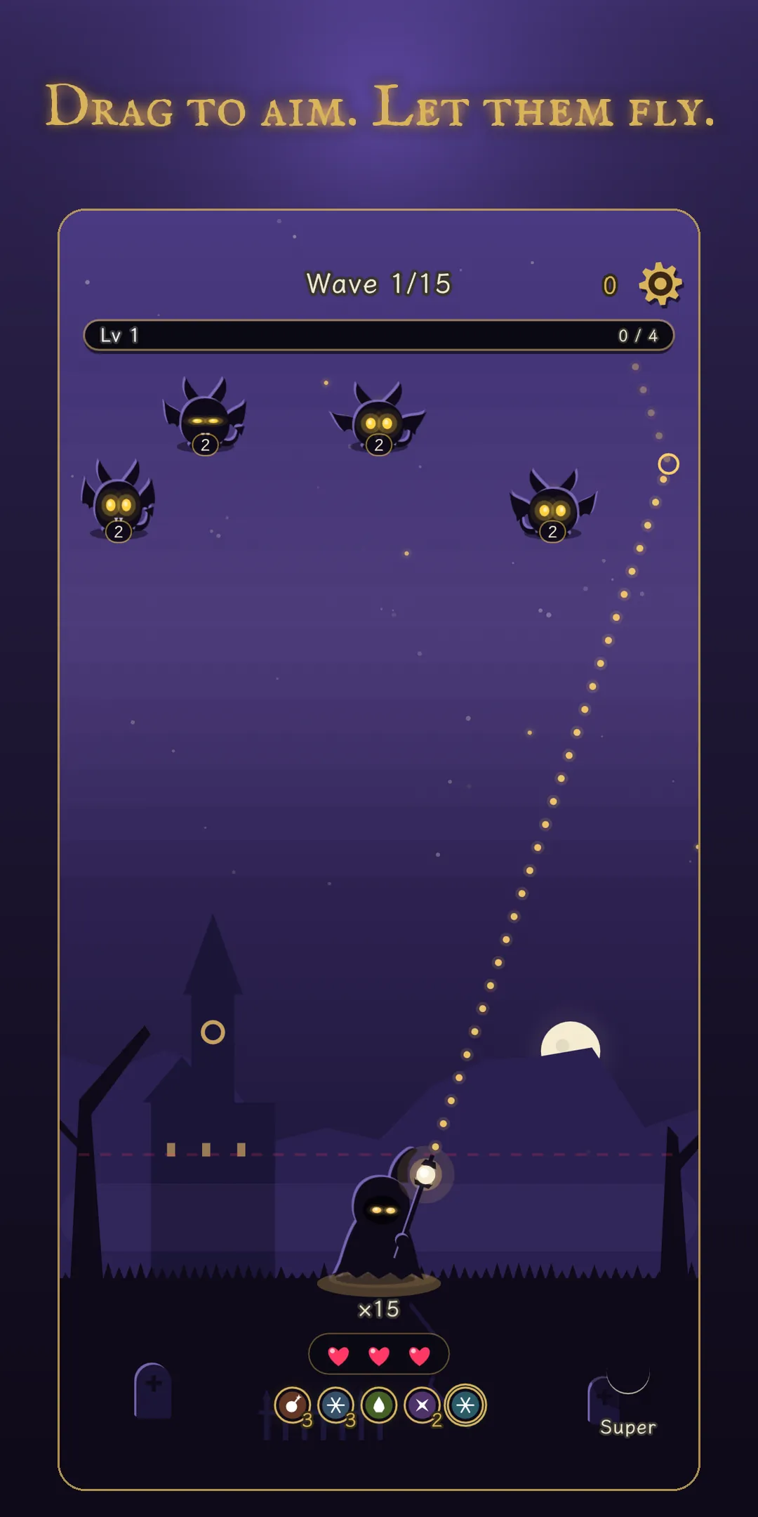 Monster Marbles: the lantern mage aiming at rows of shadow monsters